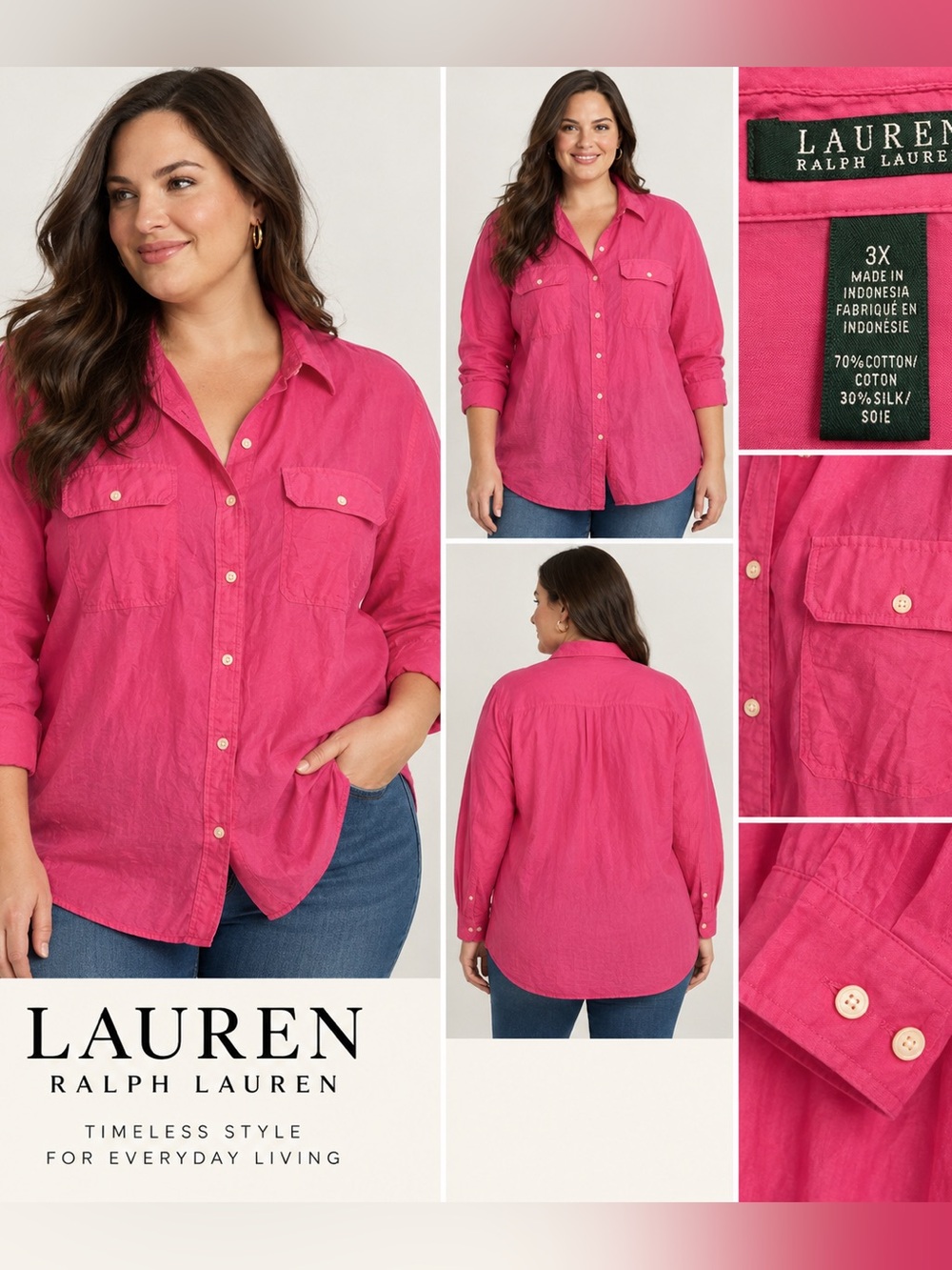 Lauren Ralph Lauren 3X Pink Cotton Silk Button Down Shirt Plus Size